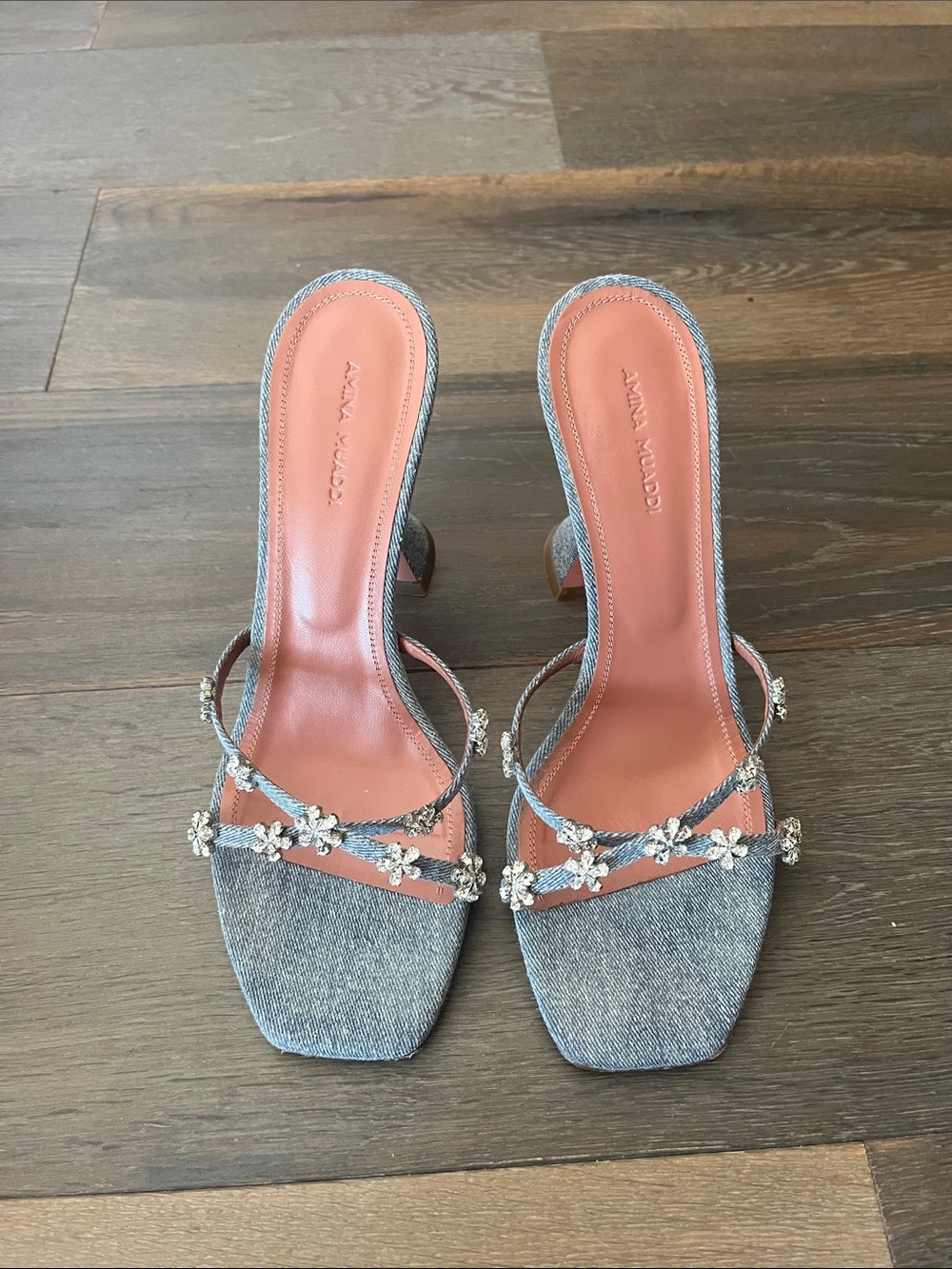 Amina Muaddi Denim Crystal Floral Strappy Mule - Blue